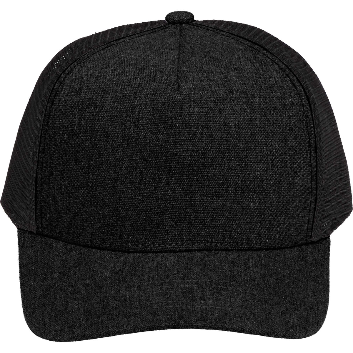 Recycled Canvas Five Panel Mesh Back Ball Cap Transfer - Black/Black - Front