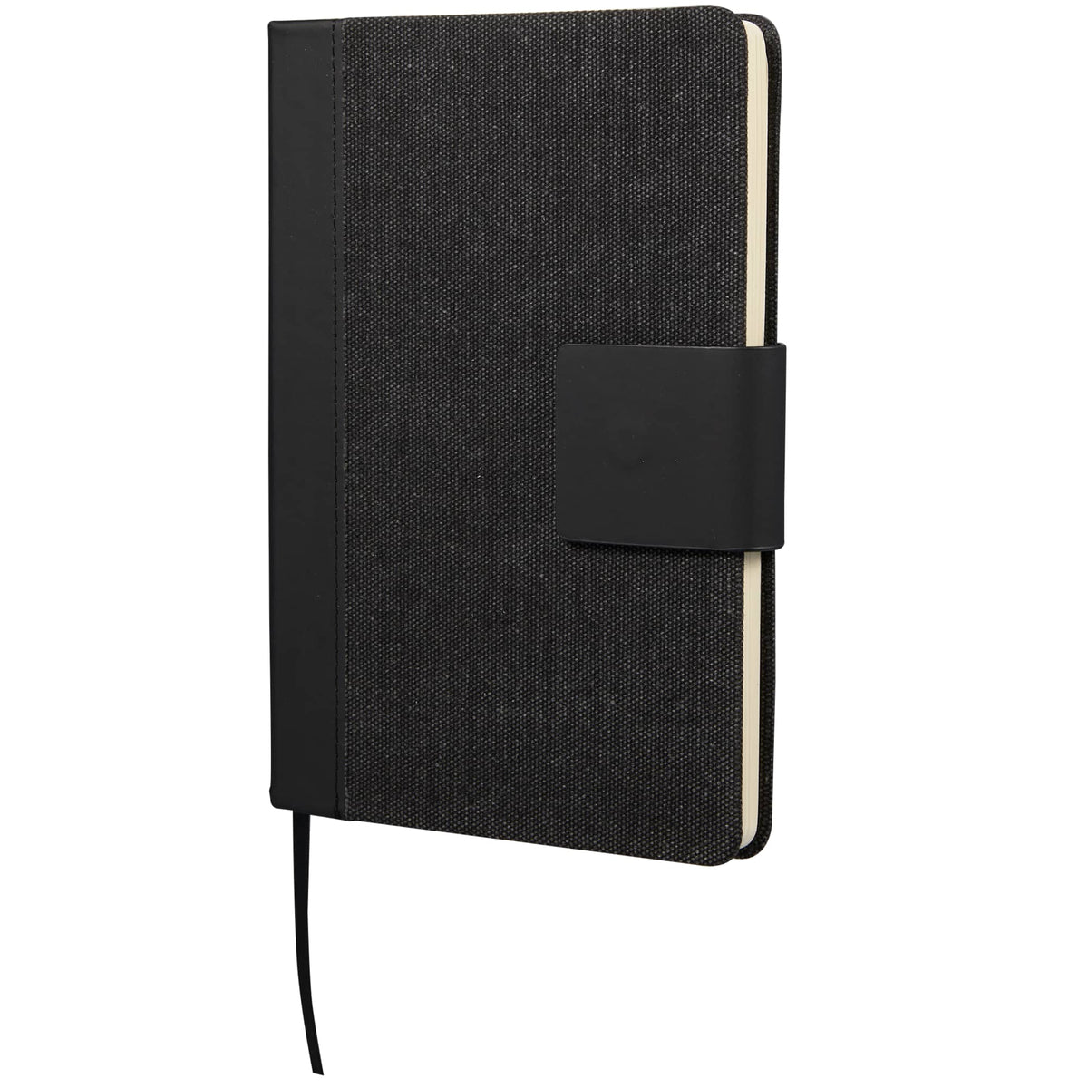Recycled Canvas Notebook with Magnetic Closure, 5.5 x 8.5 Inches Full Color - Black - Left Angle