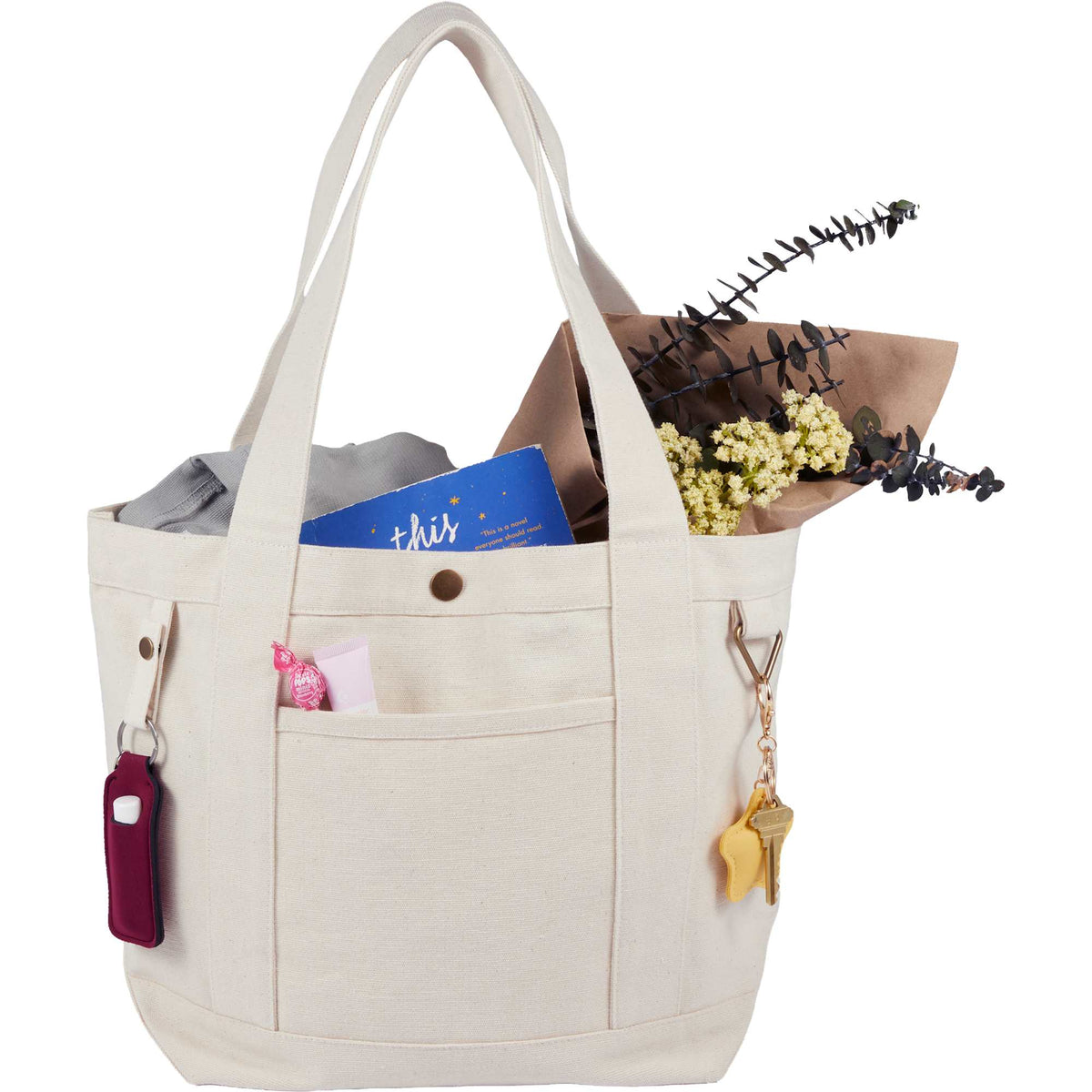 Recycled Canvas Souvenir Tote with Snap Closure, 15 oz Embroidery - Natural - Propped