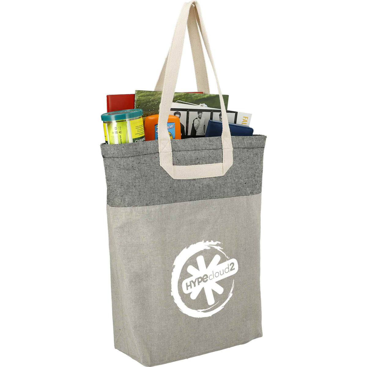 Recycled Cotton Book Tote with U-Handles - Natural/Black - Right Angle 2