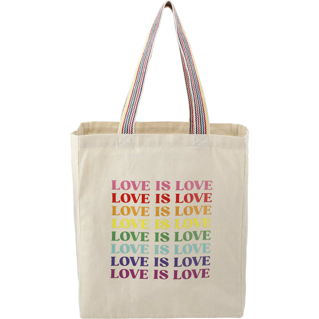 Recycled Cotton Grocery Tote with Rainbow Handles, 6 oz Transfer - Natural - Front