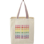 Recycled Cotton Grocery Tote with Rainbow Handles, 6 oz Transfer - Natural - Front