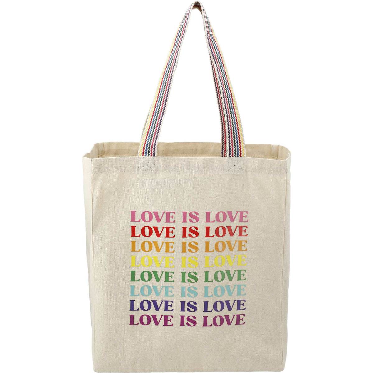 Recycled Cotton Grocery Tote with Rainbow Handles, 6 oz Transfer - Natural - Front
