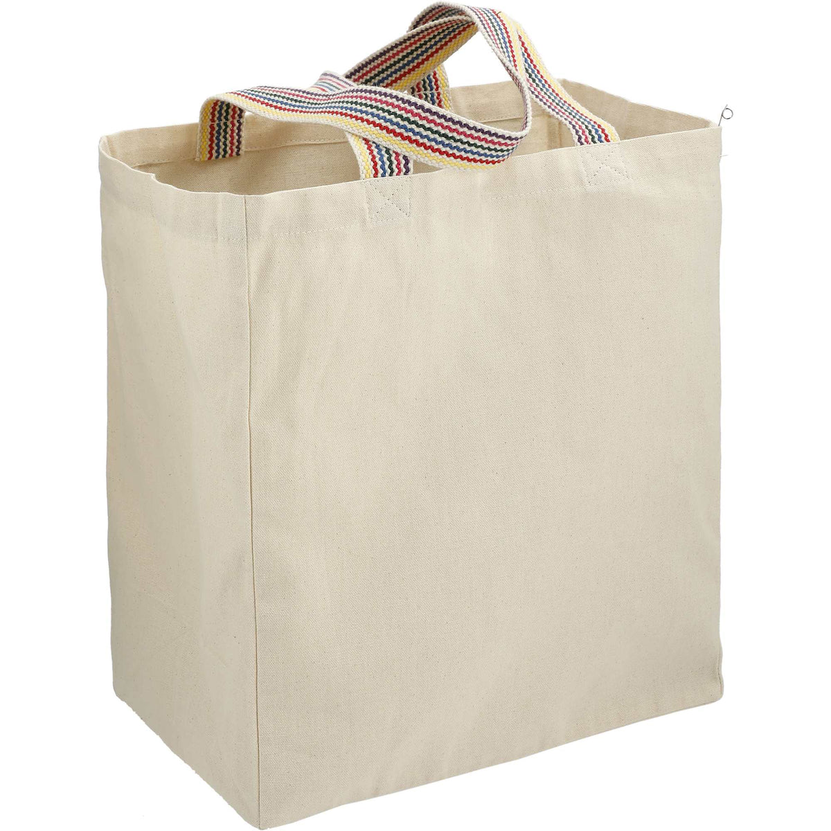 Recycled Cotton Grocery Tote with Rainbow Handles, 6 oz Transfer - Natural - Right Angle 2