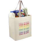 Recycled Cotton Grocery Tote with Rainbow Handles, 6 oz Transfer - Natural - Right Angle