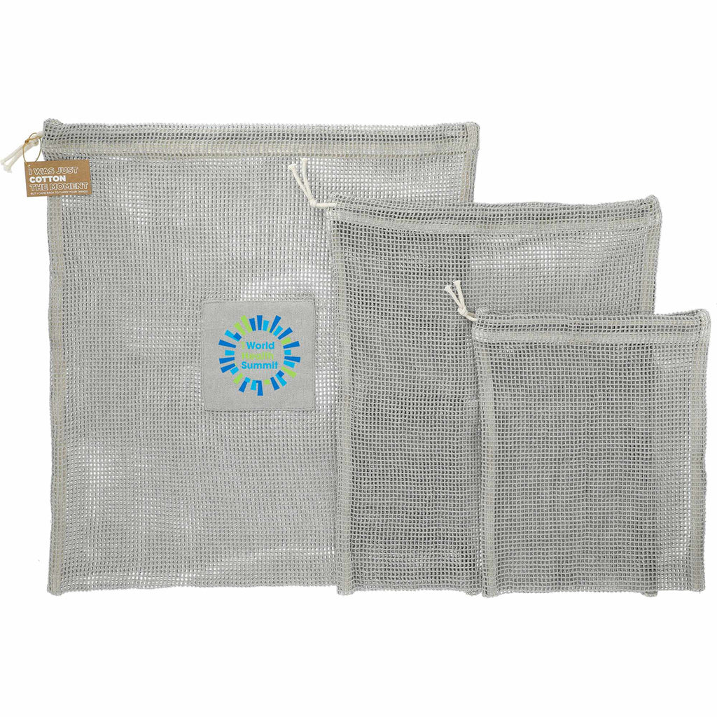 Recycled Cotton Mesh Drawstring Pouches, Set of 3 Transfer - Gray - Front 2