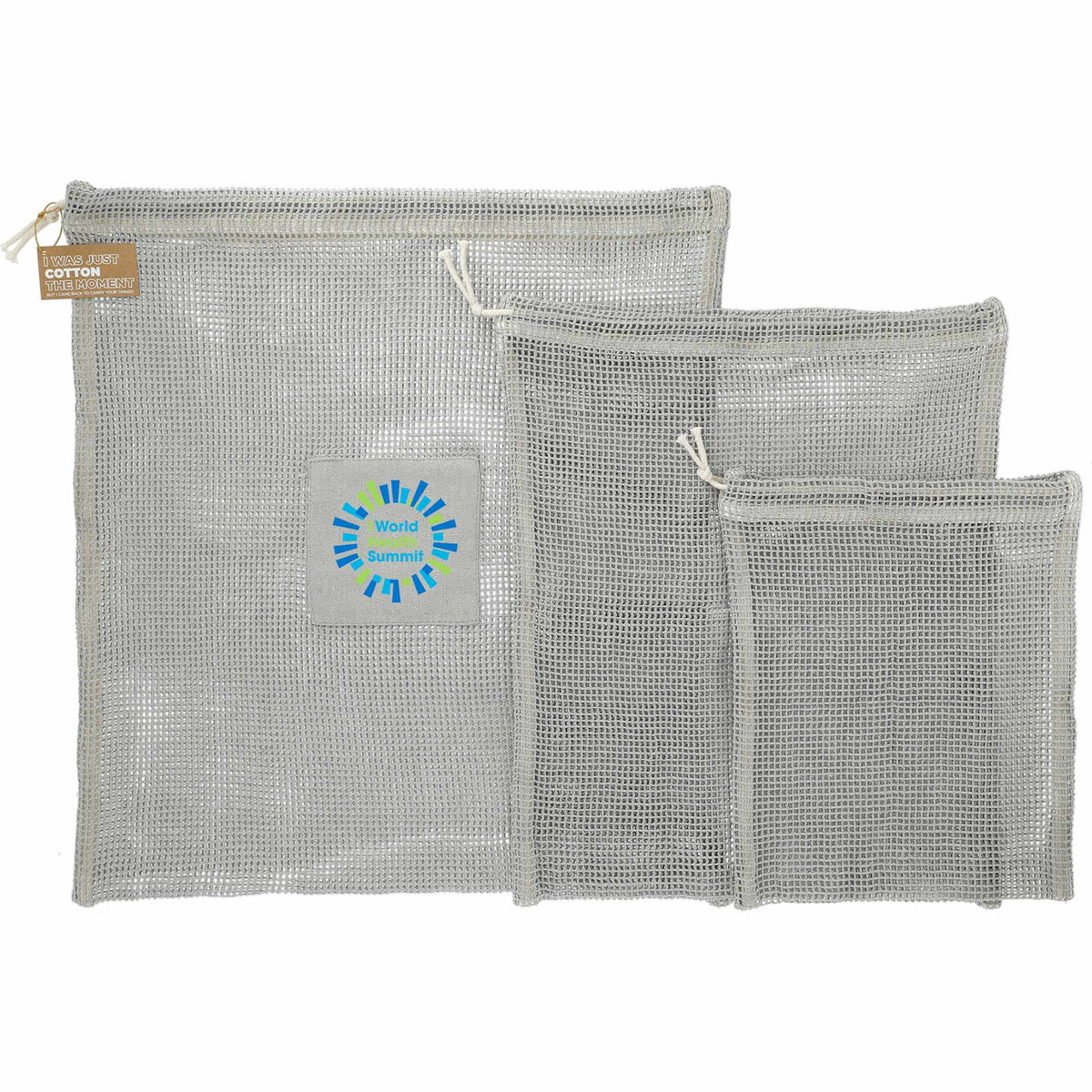 Recycled Cotton Mesh Drawstring Pouches, Set of 3 Transfer - Gray - Front 2
