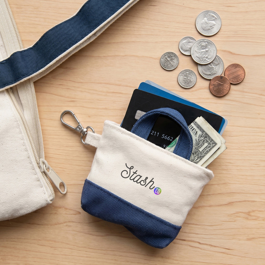 Recycled Cotton Mini Tote Bag Charm, 12 oz - Navy - Lifestyle_Silkscreen