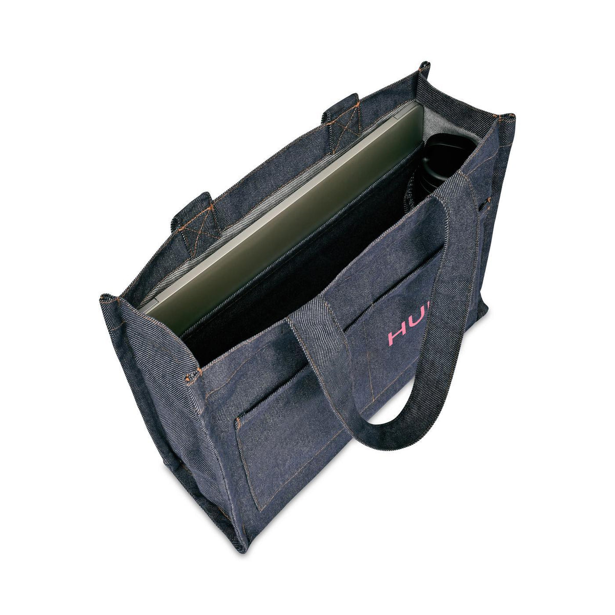 Recycled Cotton Tote with Two Front Pockets, 12 oz Transfer - Indigo Denim - View 3