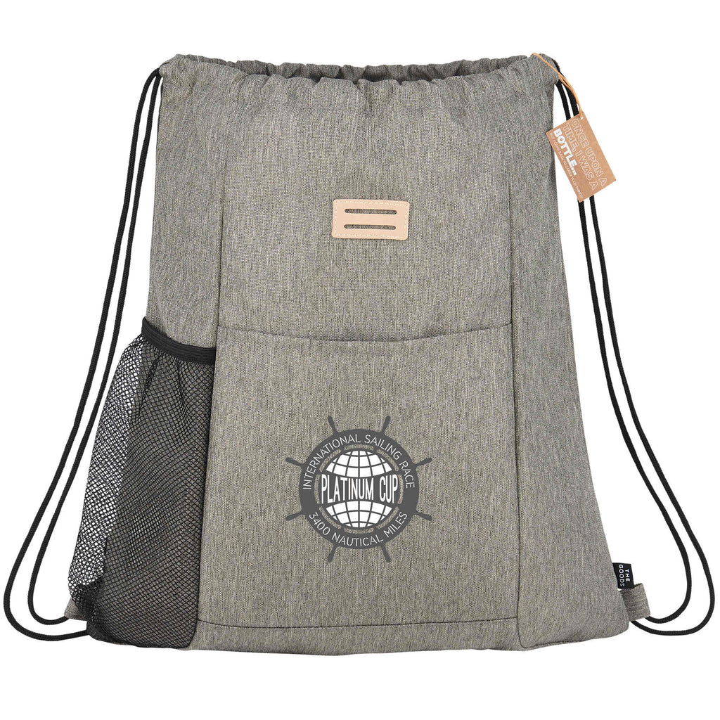 Recycled Drawstring Bag with Lash Tab and Bottle Pocket Embroidery - Gray - Front