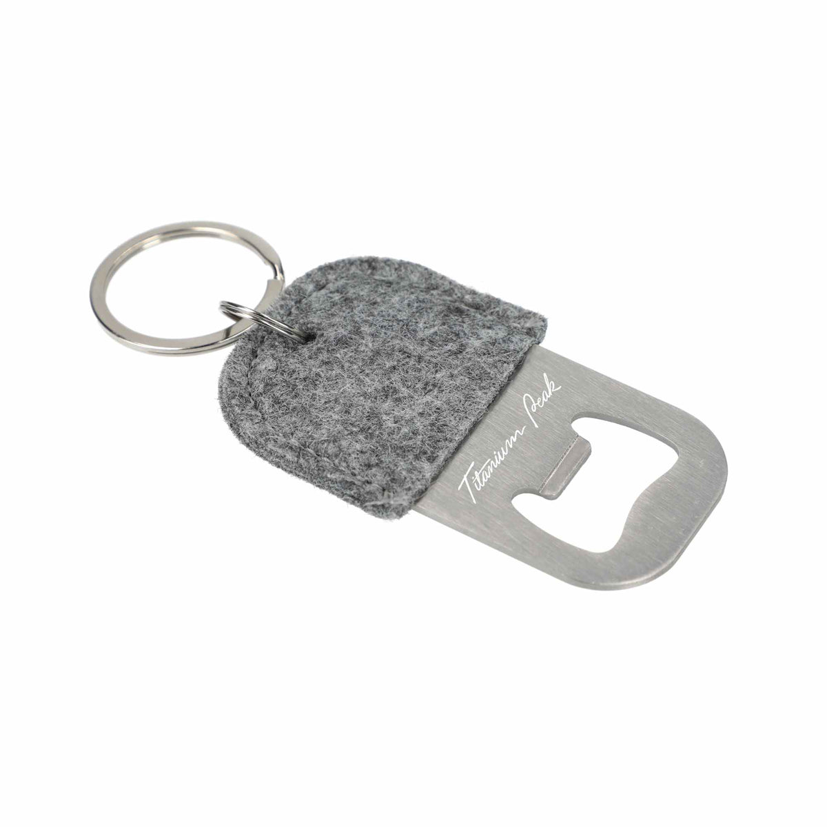 Recycled Felt Bottle Opener Keychain - Gray - Right Angle