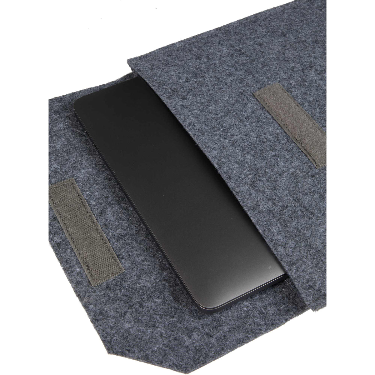 Recycled Felt Business Sleeve with Front Flap Embroidery - Charcoal - Propped Laptop