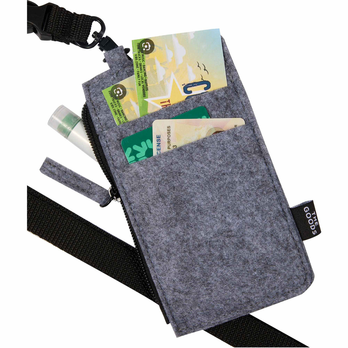 Recycled Felt Lanyard Wallet with Wristlet Strap Full Color - Charcoal - Left Angle Propped 2