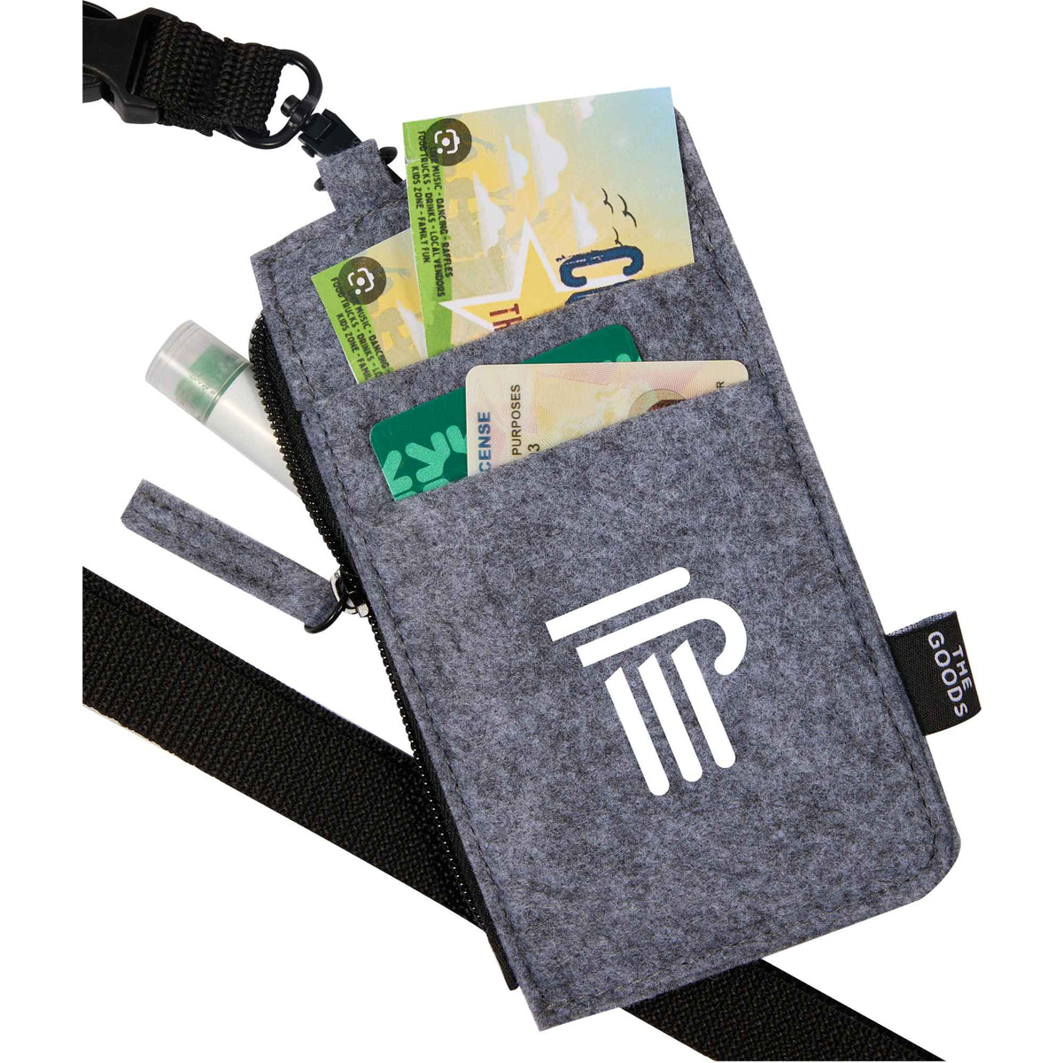 Recycled Felt Lanyard Wallet with Wristlet Strap Full Color - Charcoal - Left Angle Propped