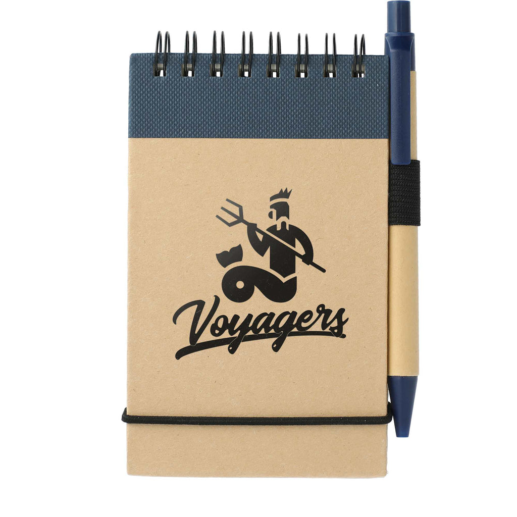 Recycled Jotter and Pen Set, 5 x 3 Inches - Natural w/Blue Trim - Front