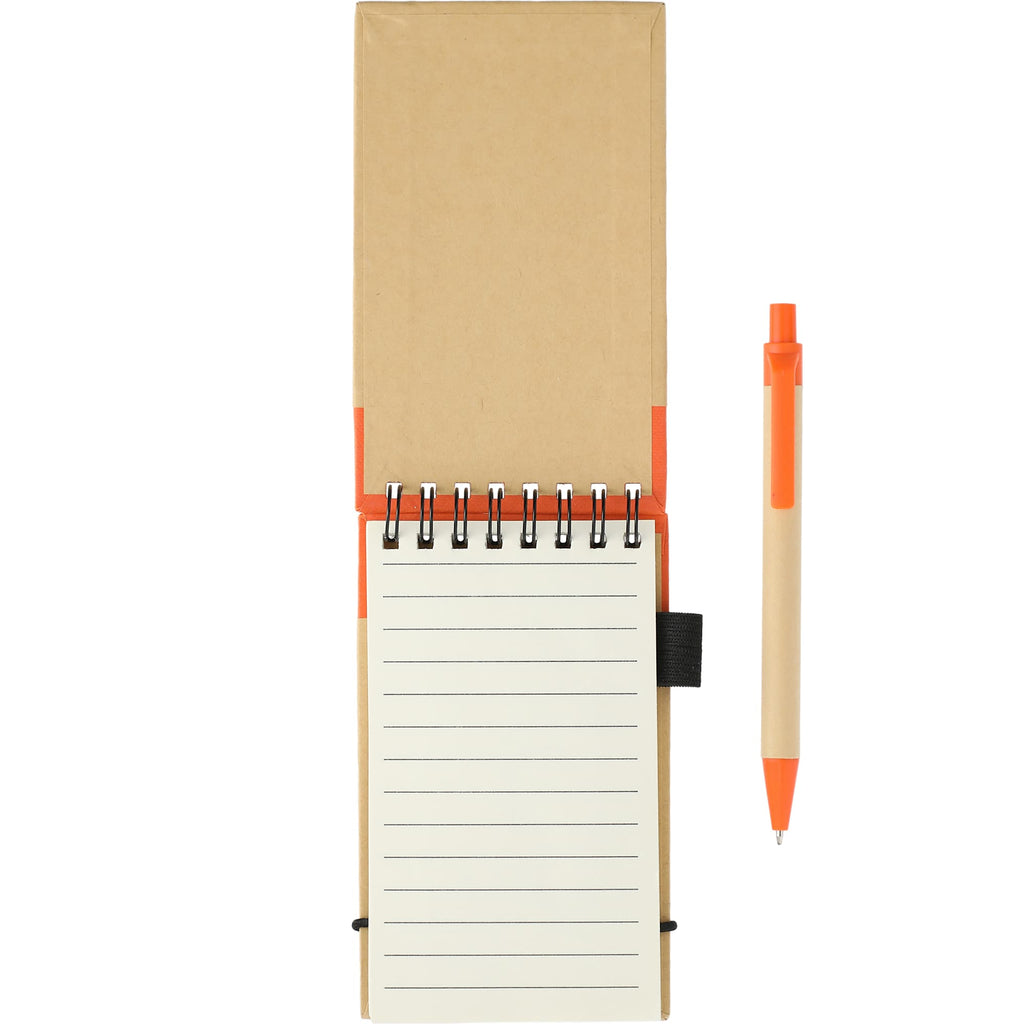 Recycled Jotter and Pen Set, 5 x 3 Inches - Natural w/Orange Trim - Front 2