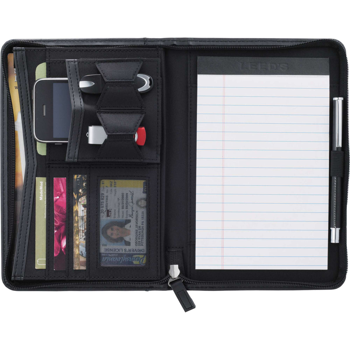 Recycled Junior Zip Padfolio with USB and Card Holders Debossing - Black - Front 2