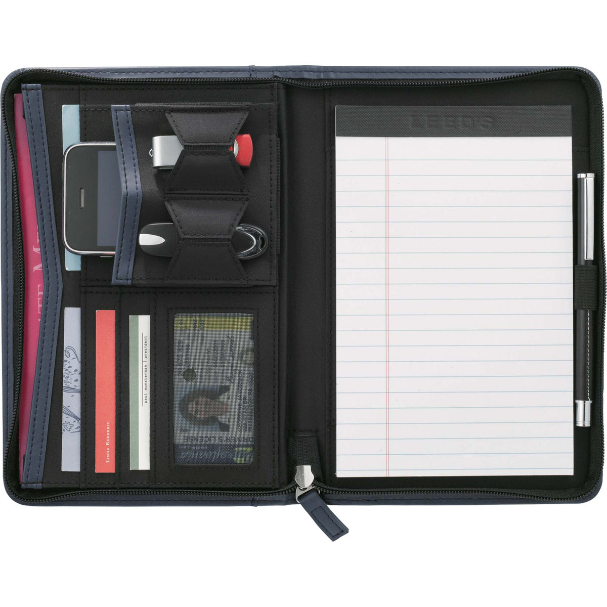 Recycled Junior Zip Padfolio with USB and Card Holders Debossing - Navy - Front 2