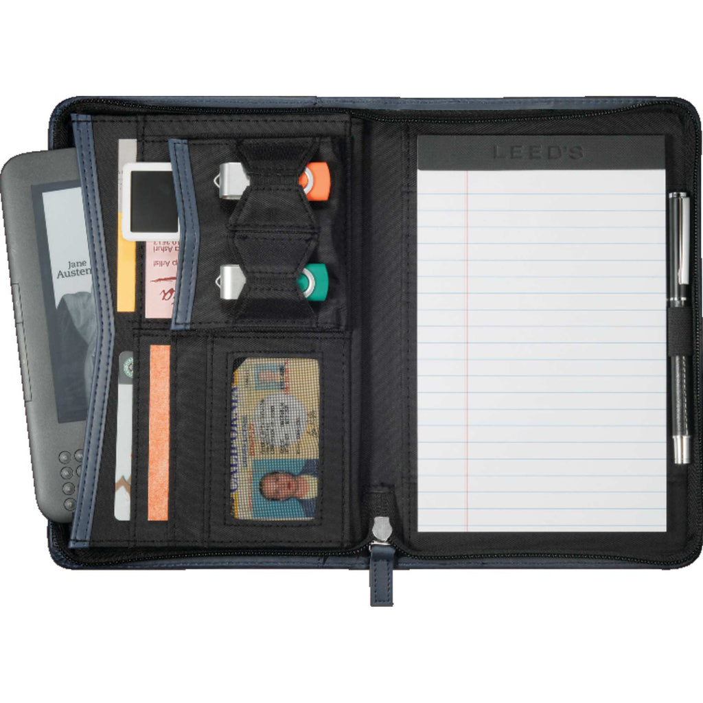 Recycled Junior Zip Padfolio with USB and Card Holders Debossing - Navy - Front 3