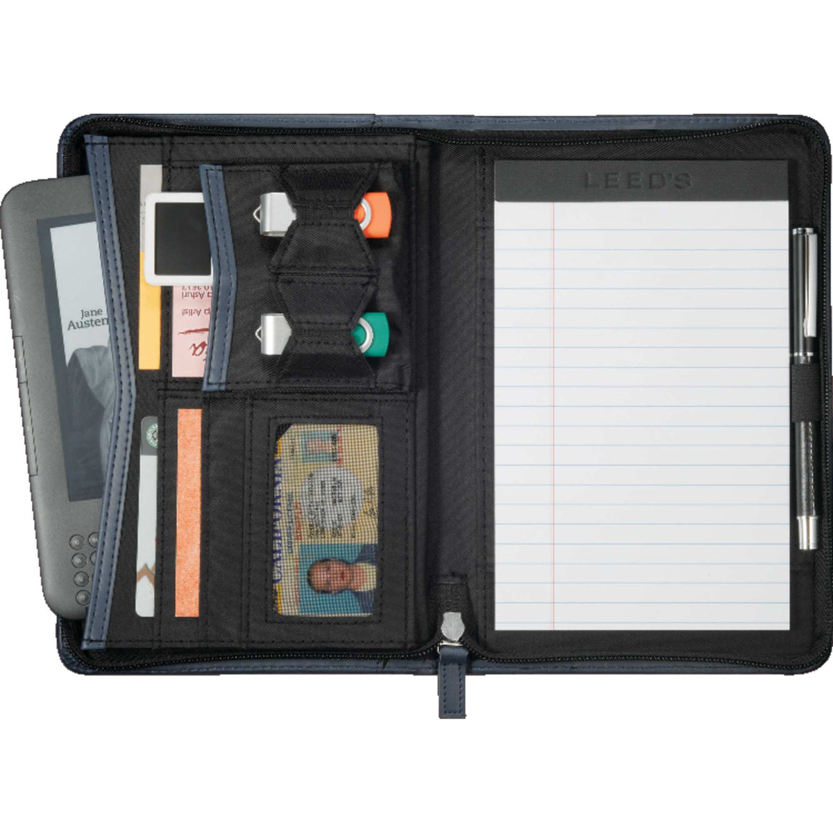 Recycled Junior Zip Padfolio with USB and Card Holders Debossing - Navy - Front 3