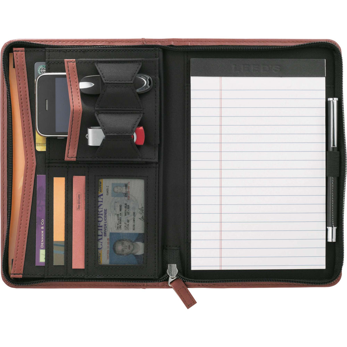 Recycled Junior Zip Padfolio with USB and Card Holders Debossing - Terra Cotta - Front 2
