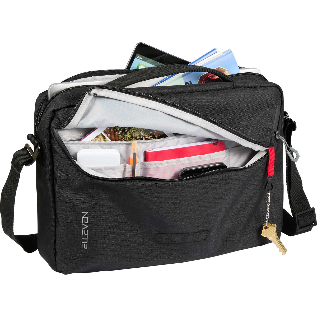 Recycled Messenger Briefcase with Padded Laptop Compartment Transfer - Black - Propped