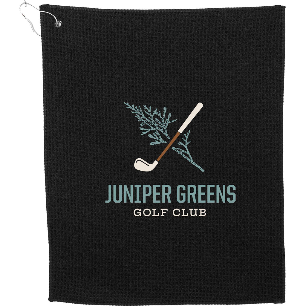 Recycled Microfiber Waffle Golf Towel with Hook, 15 x 18 Inches Embroidery - Black - Front