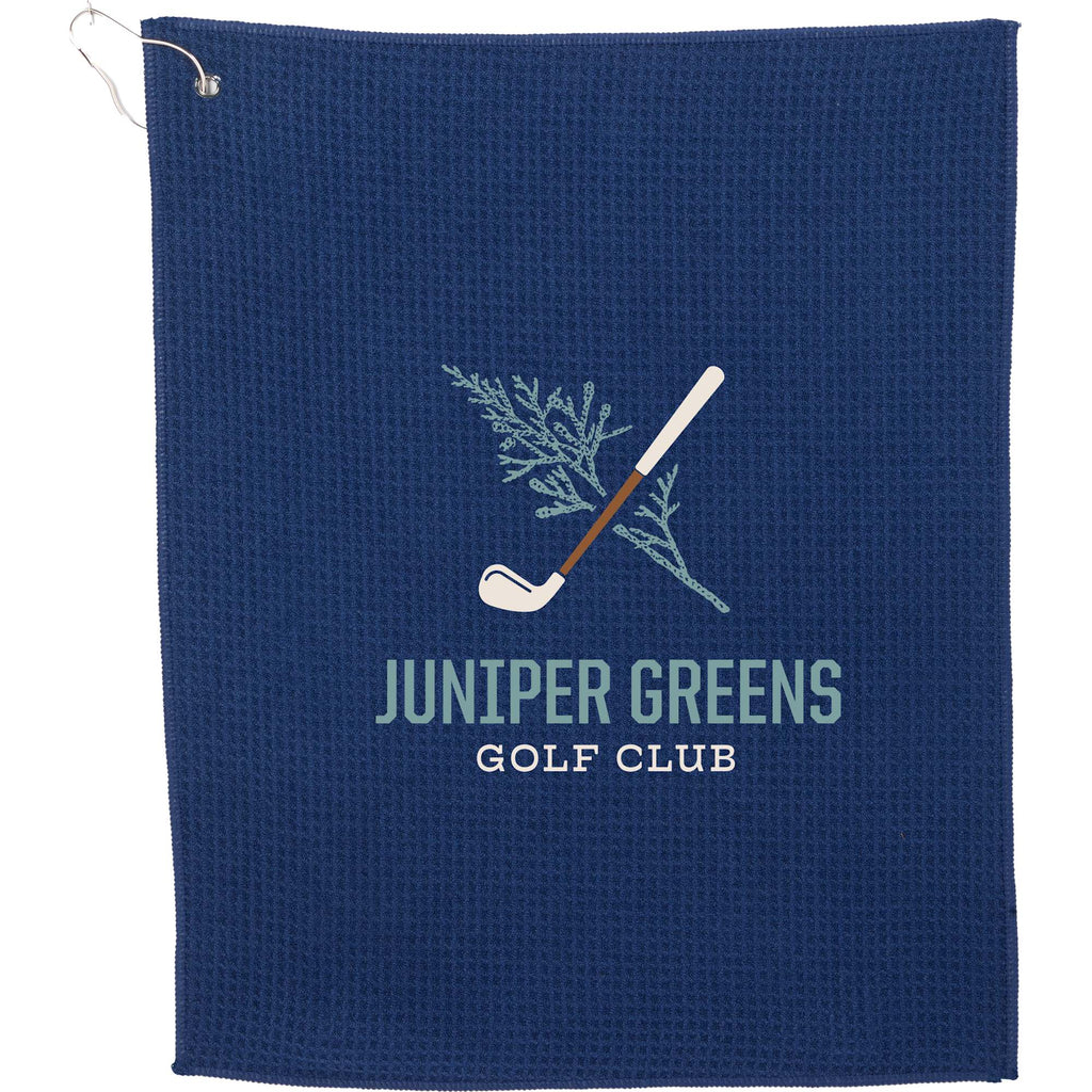 Recycled Microfiber Waffle Golf Towel with Hook, 15 x 18 Inches Embroidery - Navy - Front