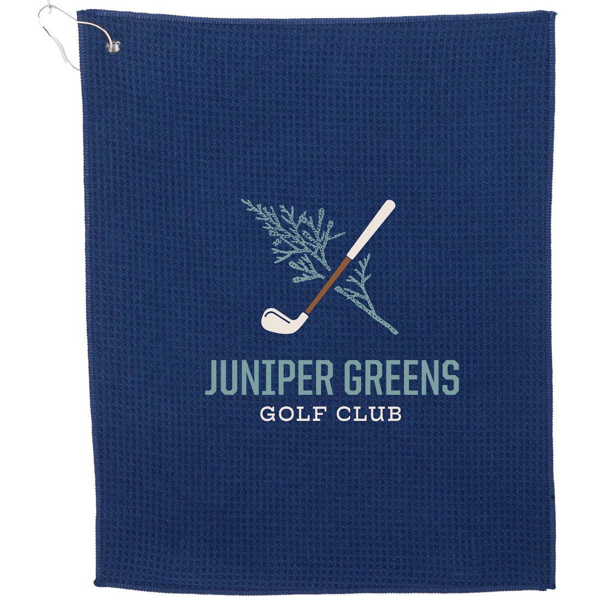 Recycled Microfiber Waffle Golf Towel with Hook, 15 x 18 Inches Embroidery - Navy - Front