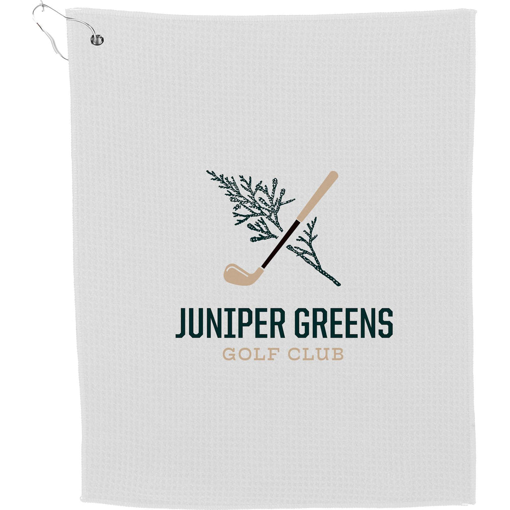 Recycled Microfiber Waffle Golf Towel with Hook, 15 x 18 Inches Transfer - White - Front