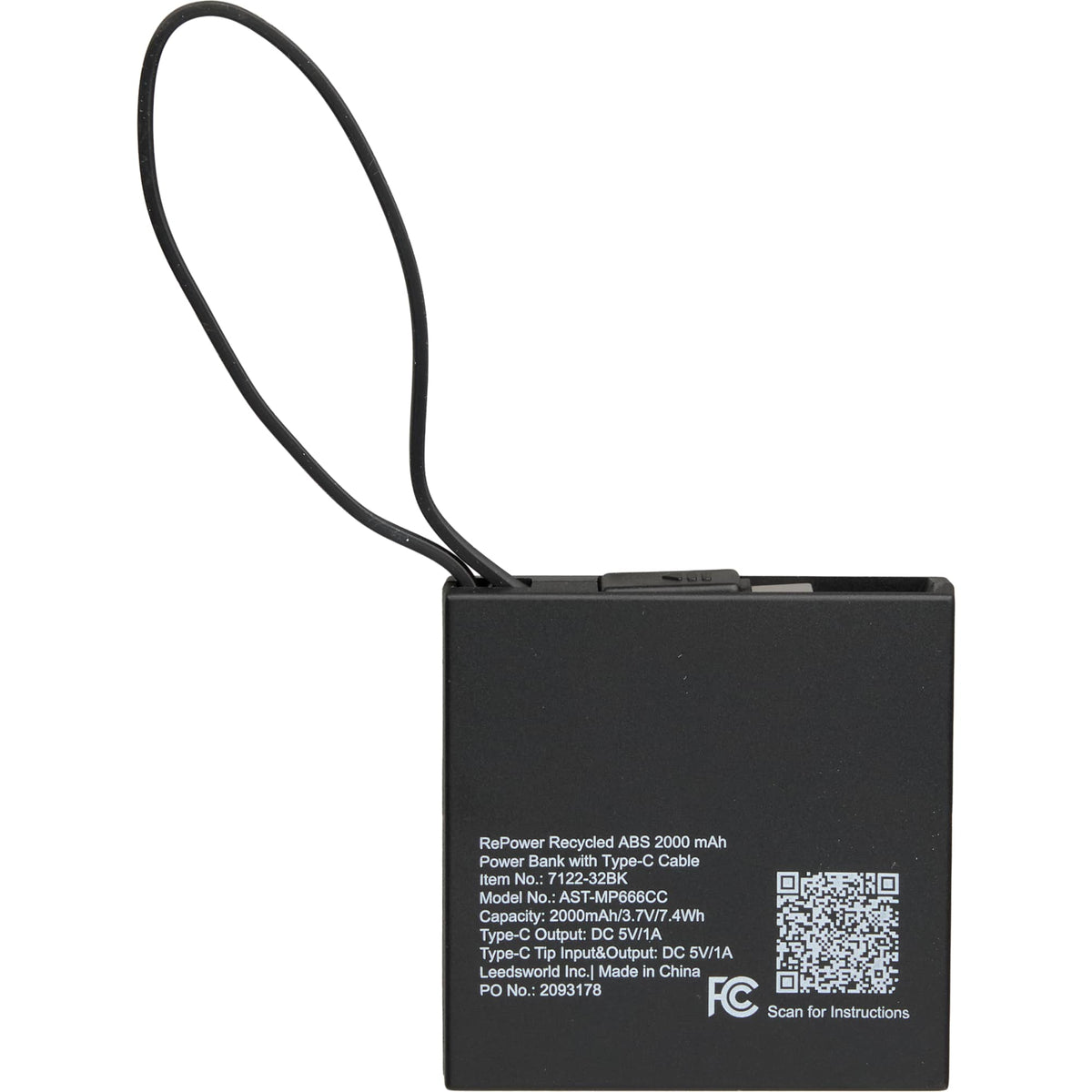 Recycled Mini Power Bank with Lanyard Cable, 2,000 mAh Full Color - Black - Back