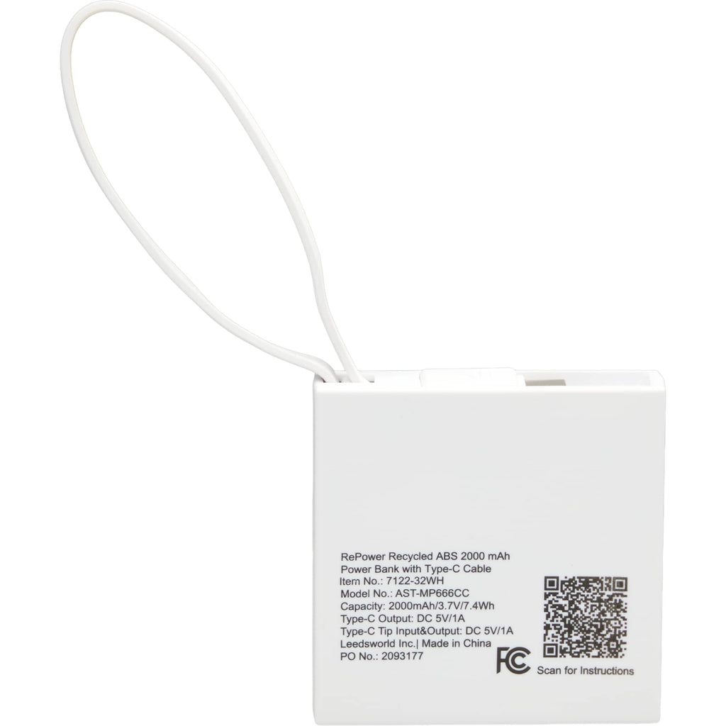 Recycled Mini Power Bank with Lanyard Cable, 2,000 mAh Full Color - White - Back