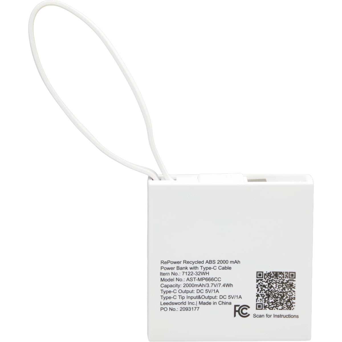 Recycled Mini Power Bank with Lanyard Cable, 2,000 mAh Full Color - White - Back