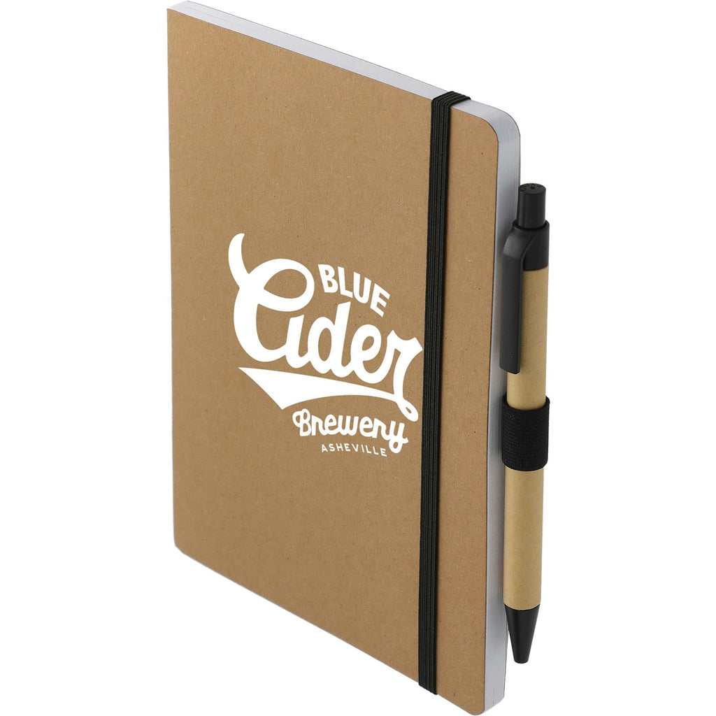 Recycled Paper Notebook with Stitched Spine and Pen, 5 x 7 Inches - Natural - Left Angle