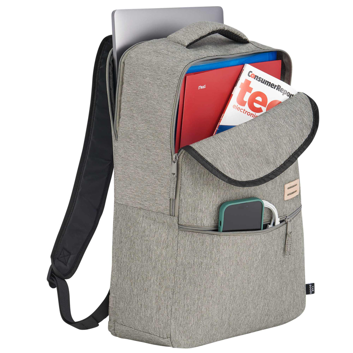 Recycled PET Laptop Backpack with Lash Tab, 17 Inch Embroidery - Gray - Right Angle 3