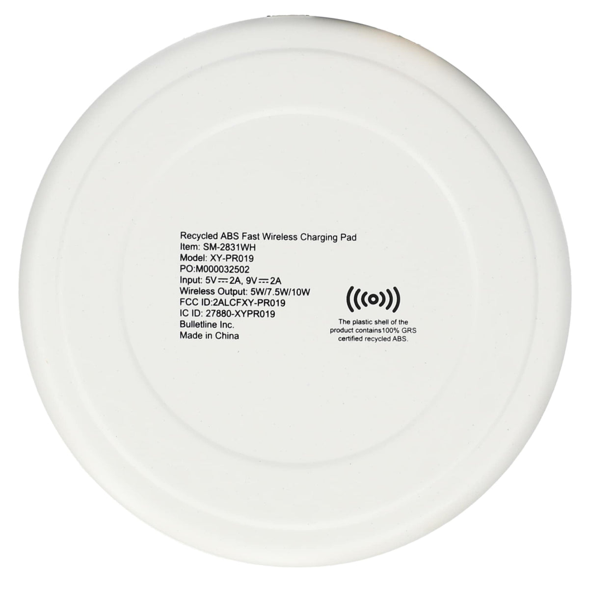 Recycled Plastic Fast Wireless Charging Pad, 10W Full Color - White - Back
