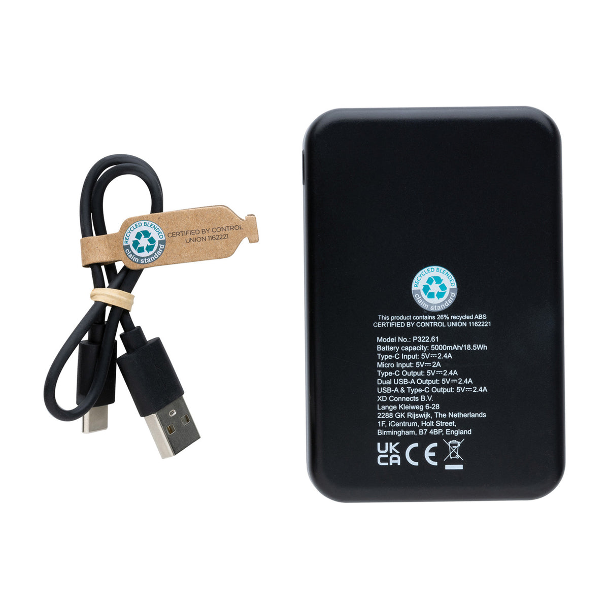 Recycled Plastic Power Bank, 5,000 mAh Full Color - Black - View 5
