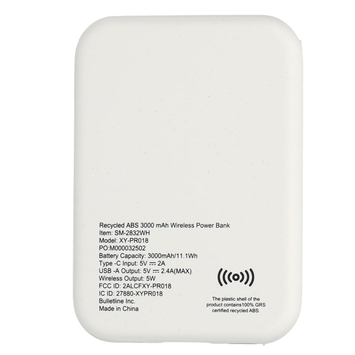 Recycled Plastic Wireless Power Bank, 3,000 mAh Full Color - White - Back