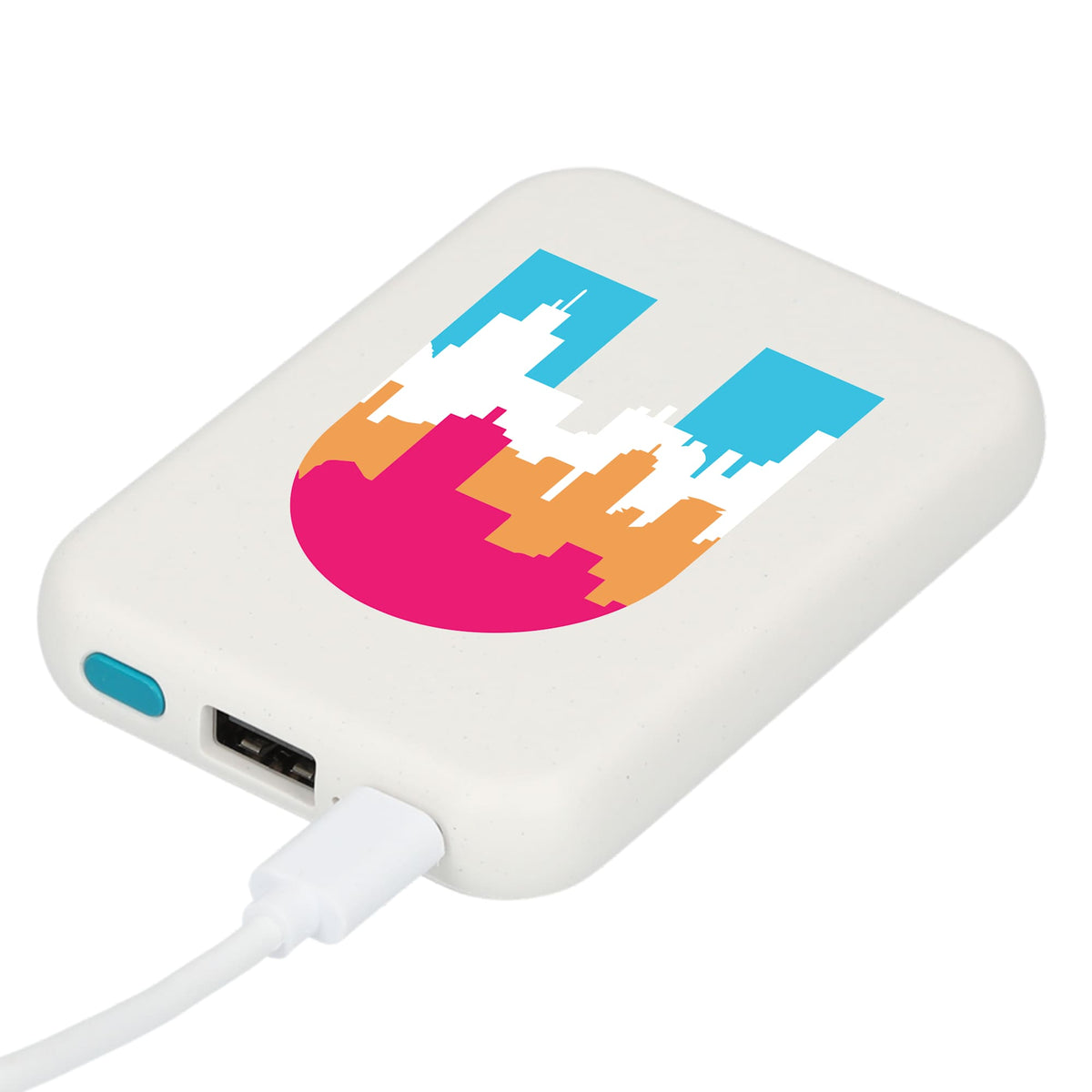 Recycled Plastic Wireless Power Bank, 3,000 mAh Full Color - White - Left Angle