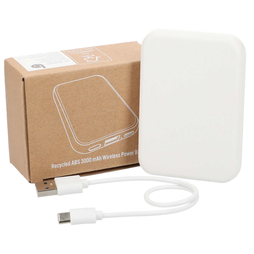 Recycled Plastic Wireless Power Bank, 3,000 mAh Full Color - White - Packaging
