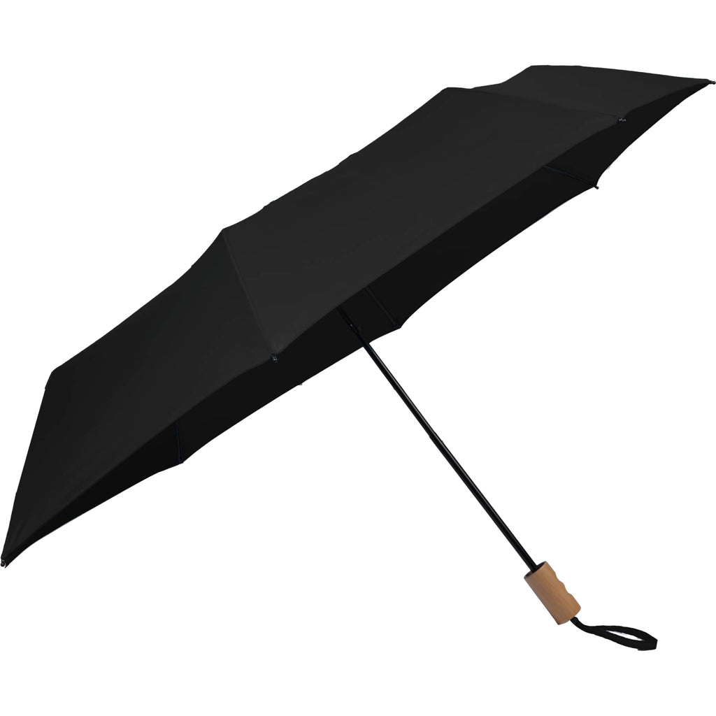 Recycled Three-Fold Umbrella with Wood Handle, 46 Inch - Black - Left Angle 2
