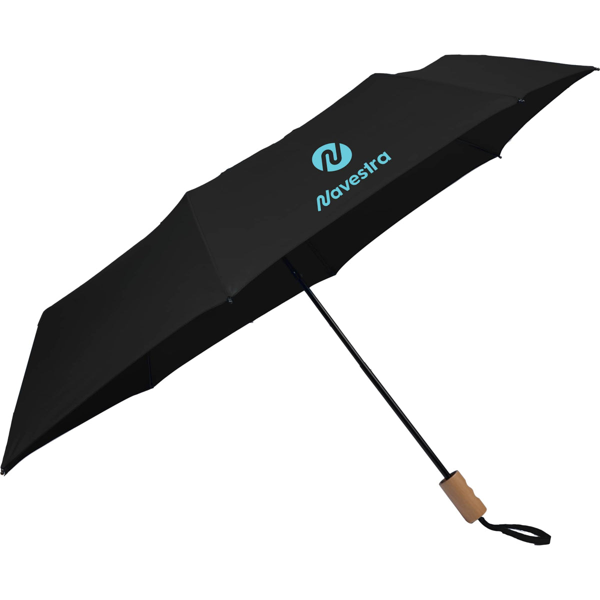 Recycled Three-Fold Umbrella with Wood Handle, 46 Inch - Black - Left Angle
