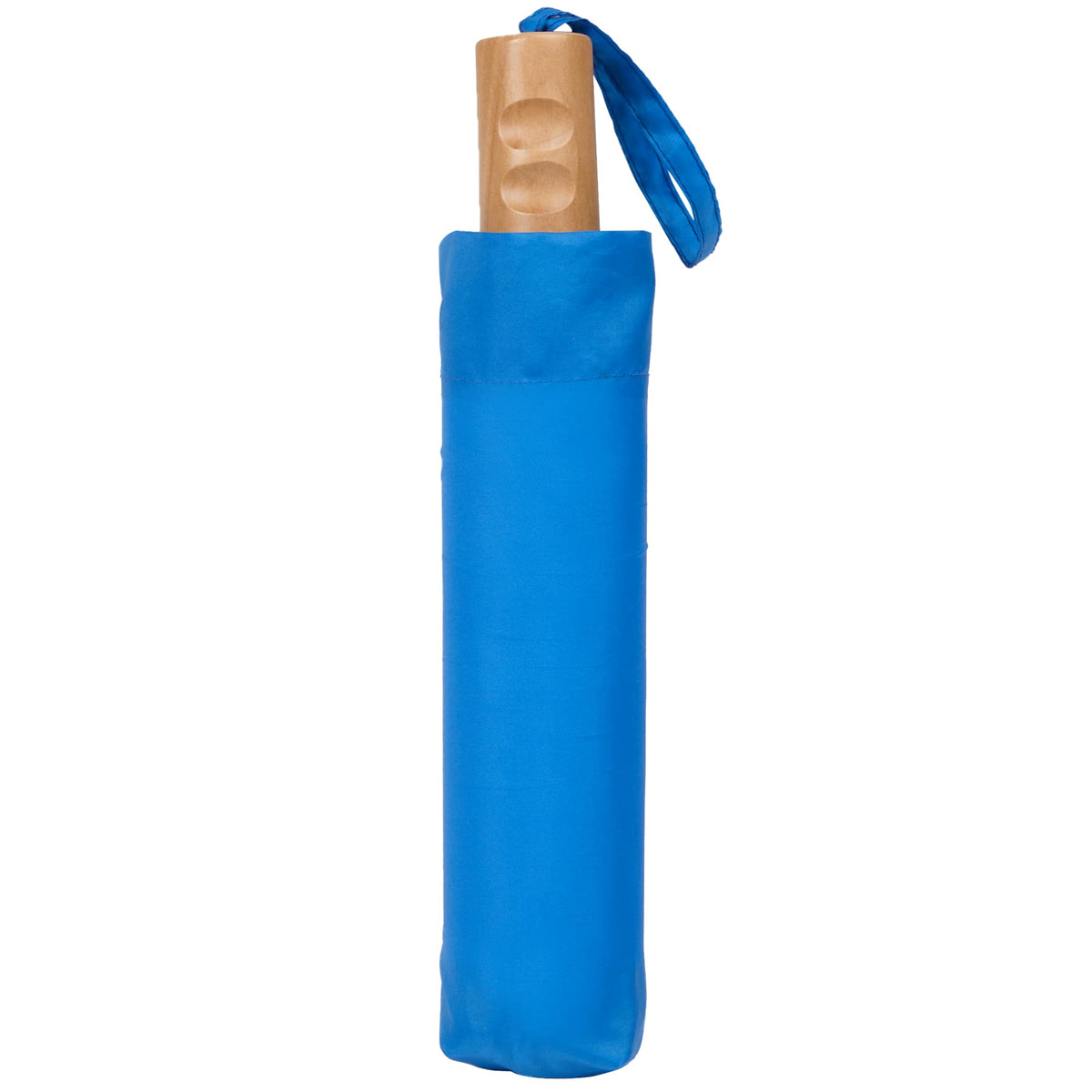 Recycled Three-Fold Umbrella with Wood Handle, 46 Inch - Royal - Closed Sleeve