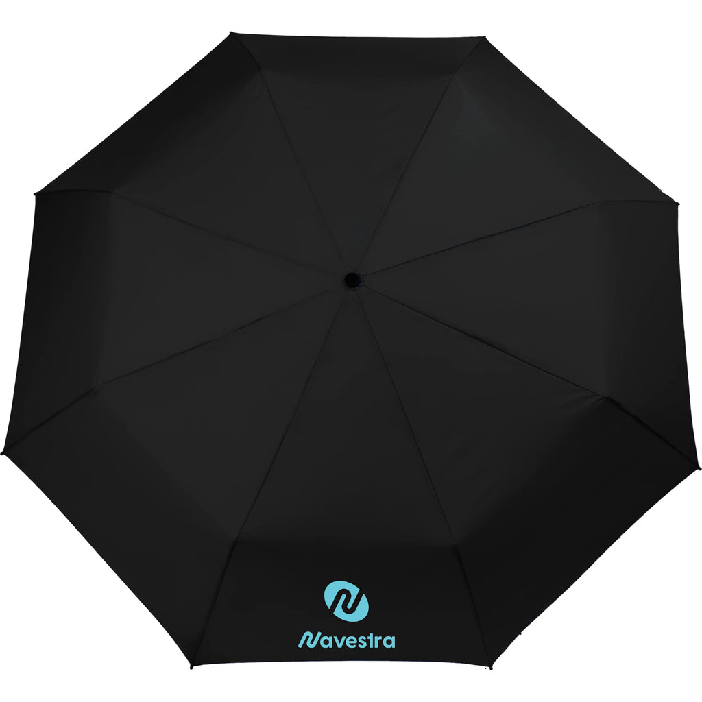 Recycled Three-Fold Umbrella with Wood Handle, 46 Inch Transfer - Black - Front