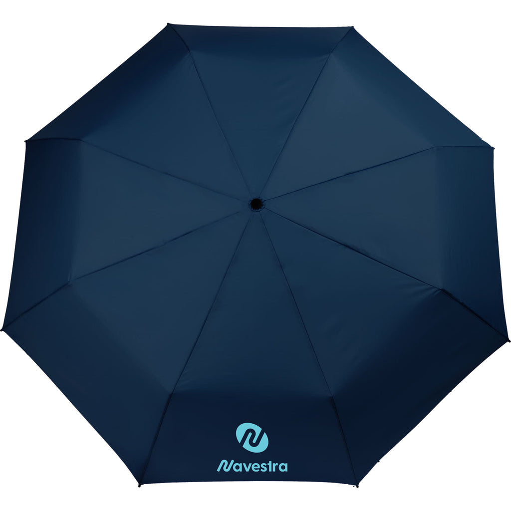 Recycled Three-Fold Umbrella with Wood Handle, 46 Inch Transfer - Navy - Front