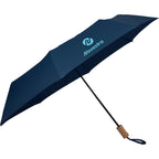Recycled Three-Fold Umbrella with Wood Handle, 46 Inch Transfer - Navy - Left Angle