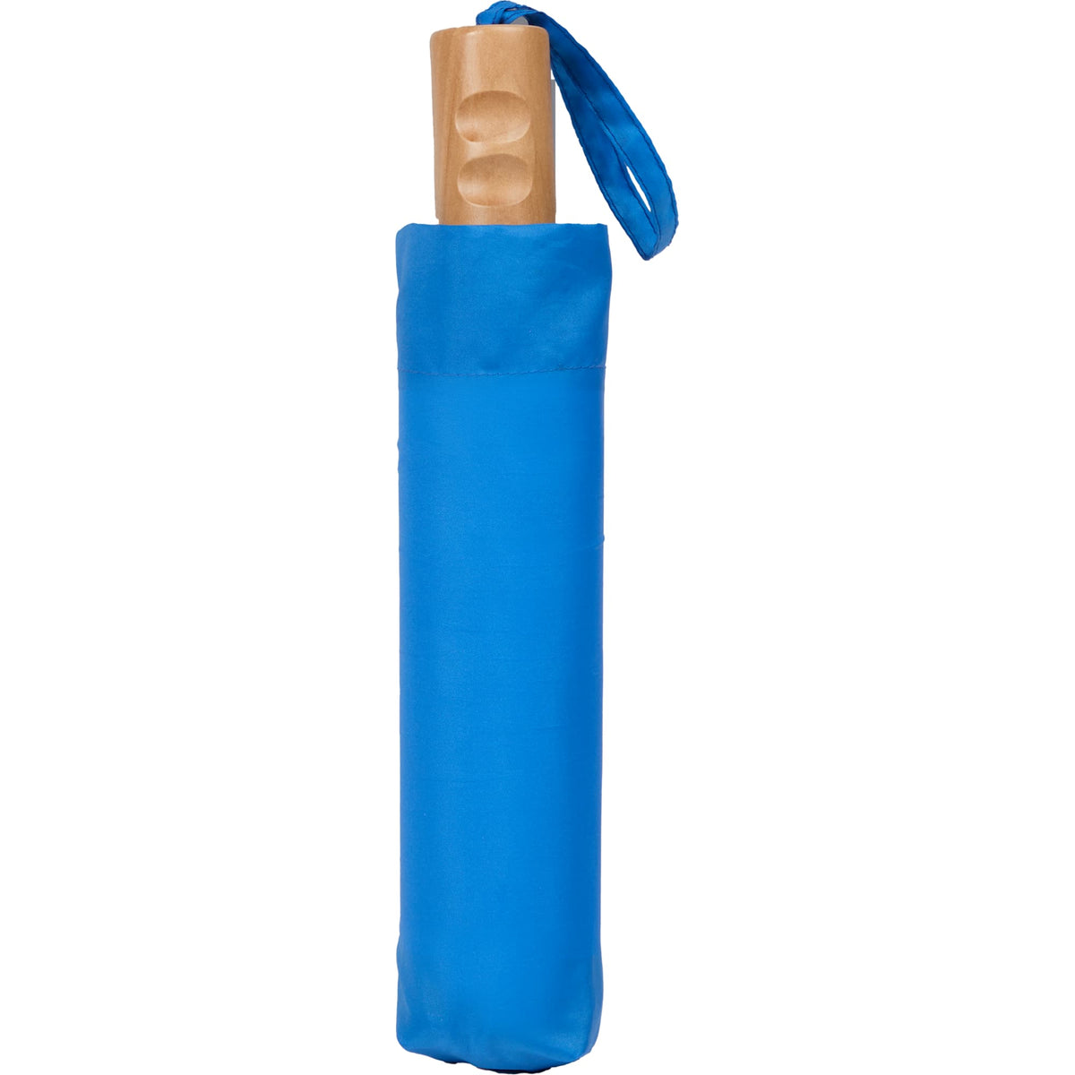Recycled Three-Fold Umbrella with Wood Handle, 46 Inch Transfer - Royal - Closed