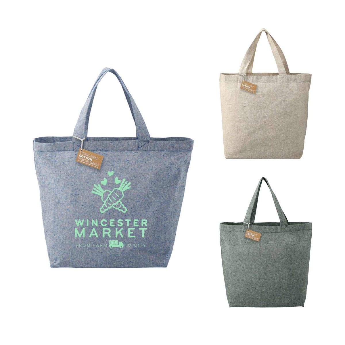 Recycled Twill Grocery Tote with Bottom Board, 5 oz - Blue - Front Group