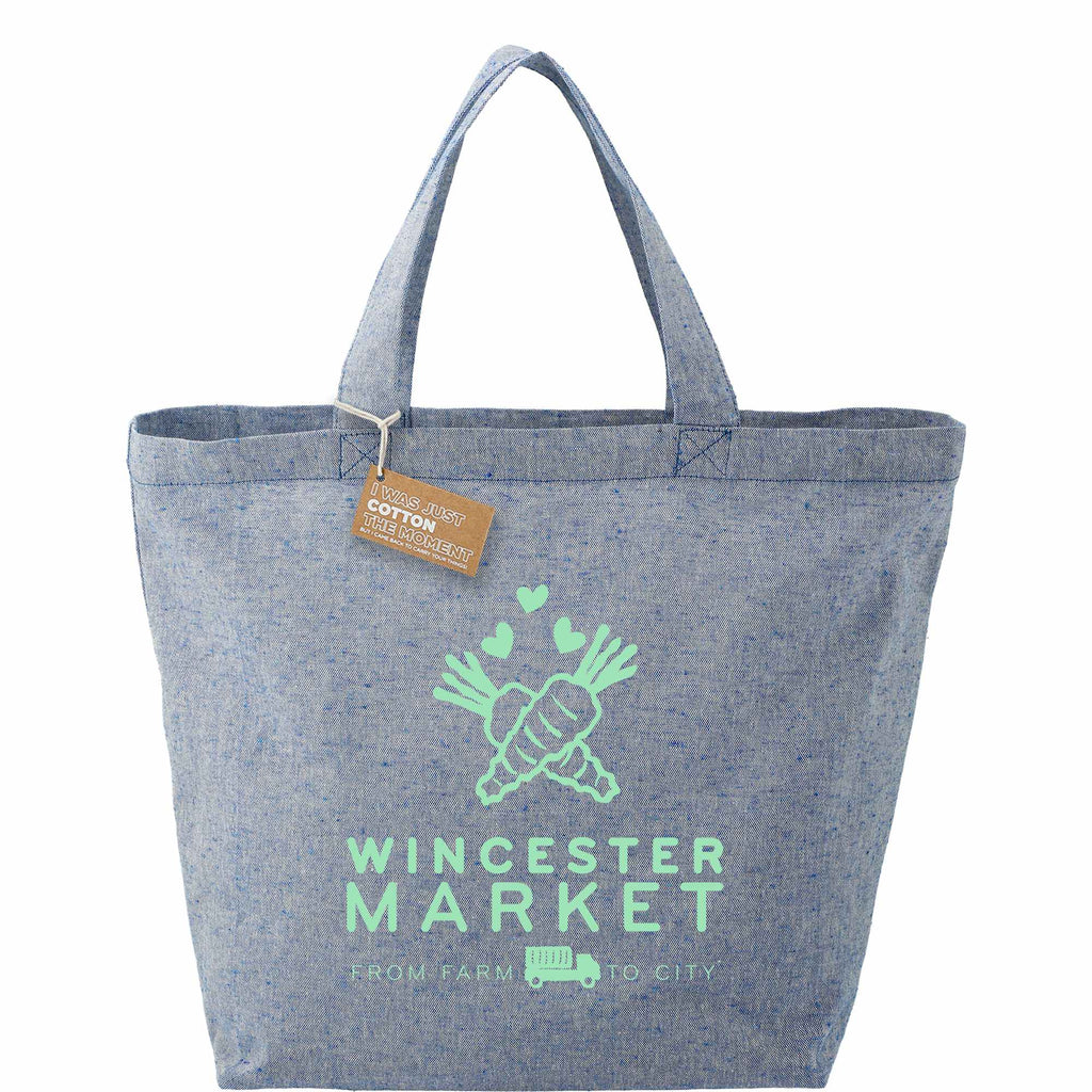 Recycled Twill Grocery Tote with Bottom Board, 5 oz - Blue - Front