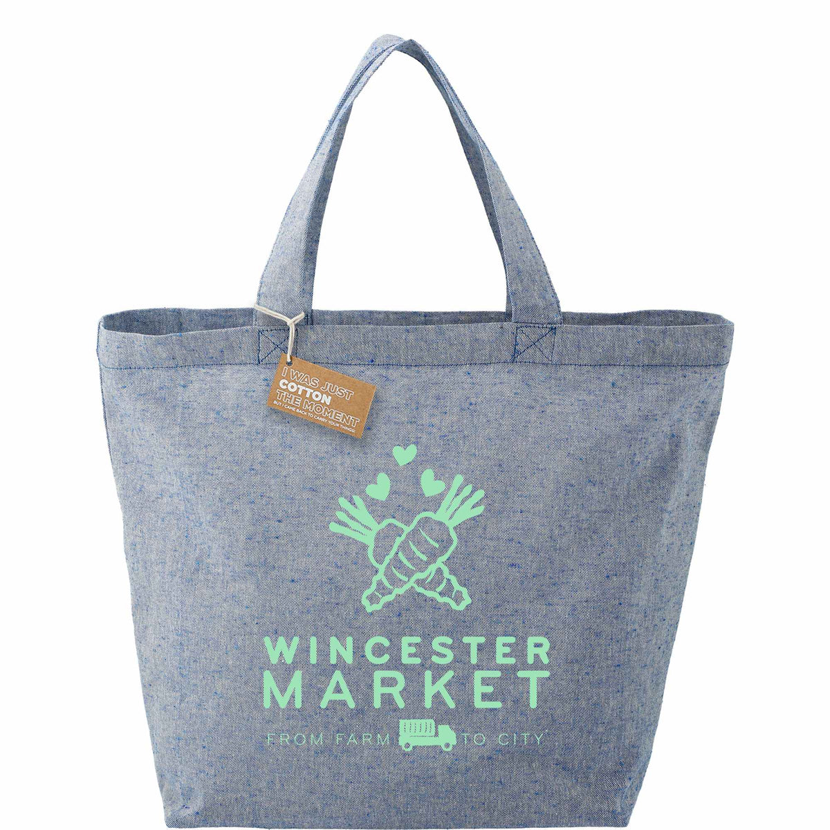 Recycled Twill Grocery Tote with Bottom Board, 5 oz - Blue - Front